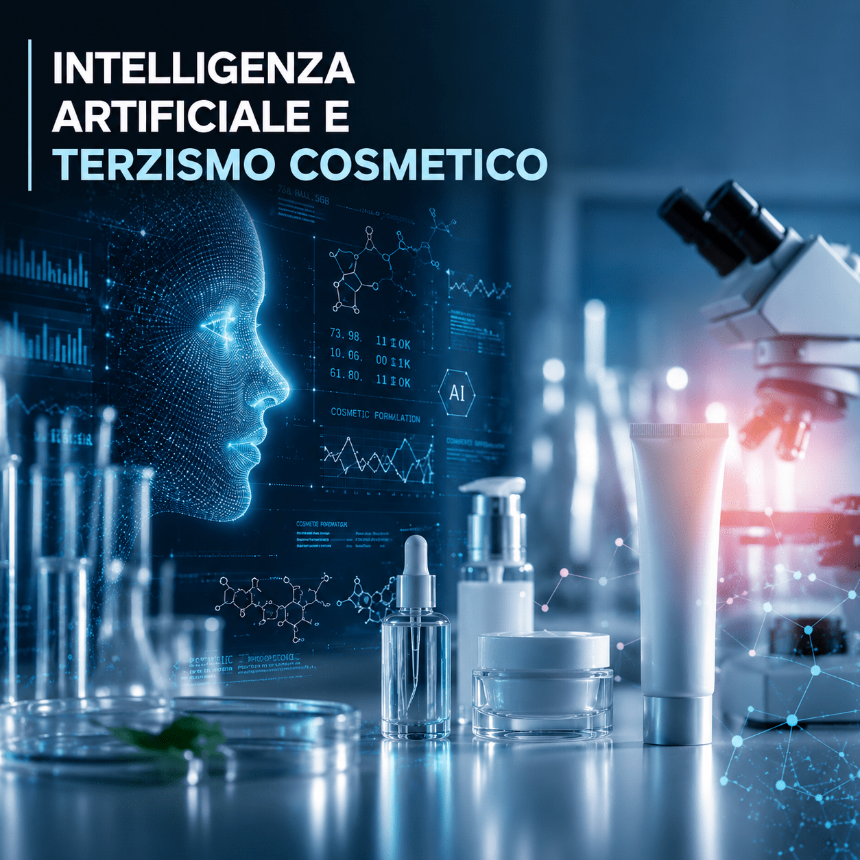 Laboratorio cosmetico hi-tech con intelligenza artificiale, prodotti skincare e microscopio per articolo OPAC sul terzismo cosmetico